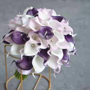 Light Purple Bride Bouquet, Faux Real Touch Calla Lilies, Puple Bridesmaids Bouquets, Boutonieres, silver pearls
