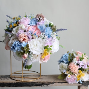 Faux Wildflowers Bridal Bouquet, Colorful Wedding Bouquet, Spring Summer Bouquets, Peony, Ranunculus, Rose, Daisy, Lilacs, Purple/Pink/Blue