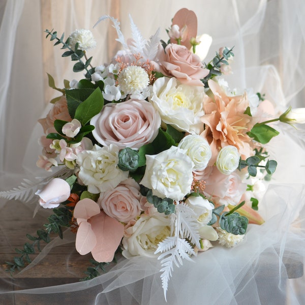 Dusty Blush Pink & Ivory White Wedding Bouquet, Real Touch Roses, Blush Peach Bridal Bouquet, Beige Ivory Lilies, Roses, Eucalyptus