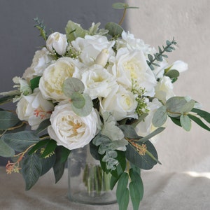 Ivory Cream Wedding Bouquet, Real Touch Artificial Roses, baby&#39;s breath, Dusty Millers, White Peony Bridesmaids Bouquets, Boutonnieres