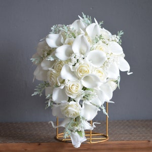 Fake Ivory Cream Real Touch Roses Wedding Bouquet, White Calla Lilies, baby's breath, Dusty Millers, Bridesmaids Bouquets, Boutonnieres