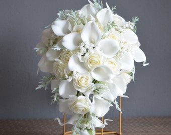Fake Ivory Cream Real Touch Roses Wedding Bouquet, White Calla Lilies, baby's breath, Dusty Millers, Bridesmaids Bouquets, Boutonnieres
