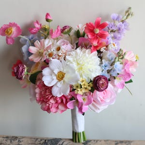 Fake Wildflower Bridal Bouquet, Colorful Pink Blue Purple Wedding Bouquet, Spring Summer Bouquets, Dahlia, Ranunculus, Poppy, Daisies, Peony