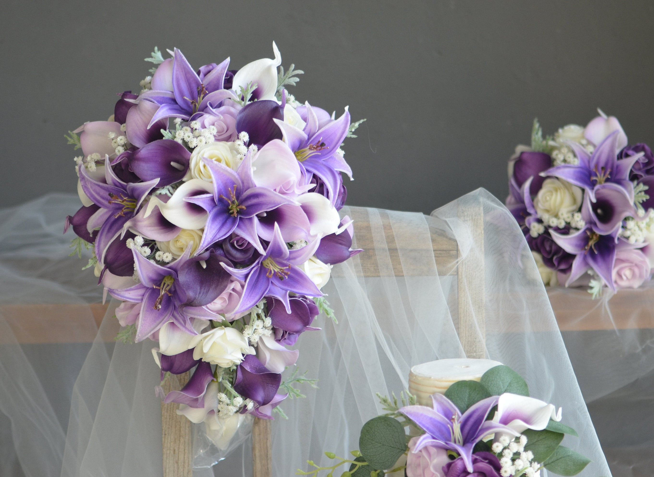 Bouquet da sposa viola finto, bouquet da damigella d'onore