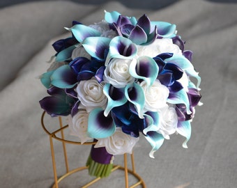 Faux Blue Purple Galaxy orchid Bride Bouquet, Real Touch Calla Lilies, White Roses, Beach Wedding Bouquet, Blue Boutnnieres, Flower wand