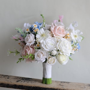 Pastel Colors Bridal Bouquet, White Blush Blue Wedding Bouquet, Spring Summer Bouquets, In Peony, Rose, Daisies, Faux Wildflowers Bouquet