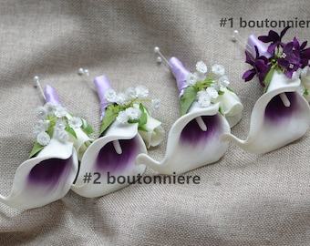 Purple Picasso Boutonnieres, Calla Lily Groom Groomsman Boutonnieres, Real Touch Calla Lilies,  Baby's Breath