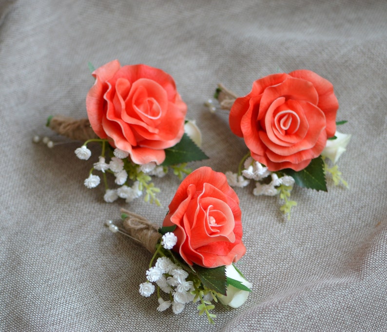 Coral Rose Boutonnieres, Peach Boutonniere, Wedding Boutonniere & Wedding Corsage, Wedding Homecoming Prom Corsage, Pu Rose image 2