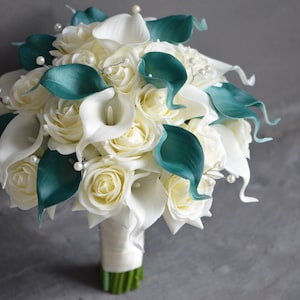 Faux Flowers Teal Ivory Bouquets, Teal Real Touch Calla Lilies, Ivory Roses, Pearl Sprays, Teal Wedding Bouquet