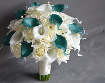 Teal Calla Lilies Wedding Bouquet, Ivory Roses, Pearl Sprays