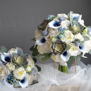 Dusty Sage Succulent & Navy Wedding Bouquet, Navy Ivory Bridal Bouquet, Real Touch Faux Flowers, Peonies, Roses, Calla Lily, Lamb&#39;s Ear