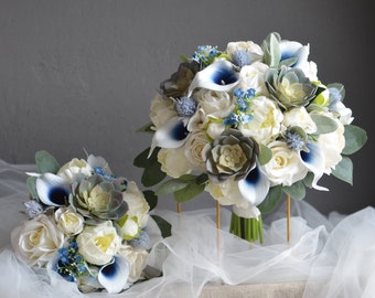 Dusty Sage Succulent & Navy Wedding Bouquet, Navy Ivory Bridal Bouquet, Real Touch Faux Flowers, Peonies, Roses, Calla Lily, Lamb's Ear