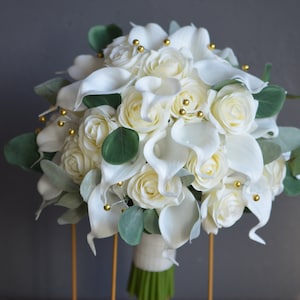 Ivory Greenery Real Touch Roses Wedding Bouquet, Cream Sage Green Calla Lilies Bridal Bouquets, Gold Pearls, White Bridesmaids Bouquet