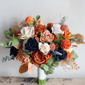 Wedding Bouquets With Navy Blue Burnt Rust Orange Flowers, Fake Terracotta Champagne Bouquets, Faux Wedding Flowers, Bridesmaids Bouquets