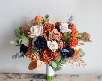 Wedding Bouquets With Navy Blue Burnt Rust Orange Flowers, Fake Terracotta Champagne Bouquets, Faux Wedding Flowers, Bridesmaids Bouquets