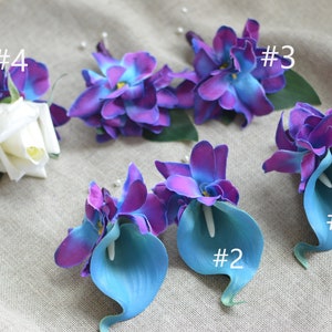 Malibu Blue, Purple Amd Hot Pink Boutonnieres, Wrist Corsages In Calla Liliy, Orchids And Ivory Rose, Artificial Flowers