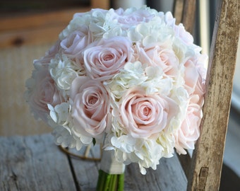 Faux Pale Pink And Ivory White Bridal Bouquet, Real Touch Roses, Hydrangeas, Rustic Wedding Bouquets, Bridesmaids Bouquet, Boutonnieres