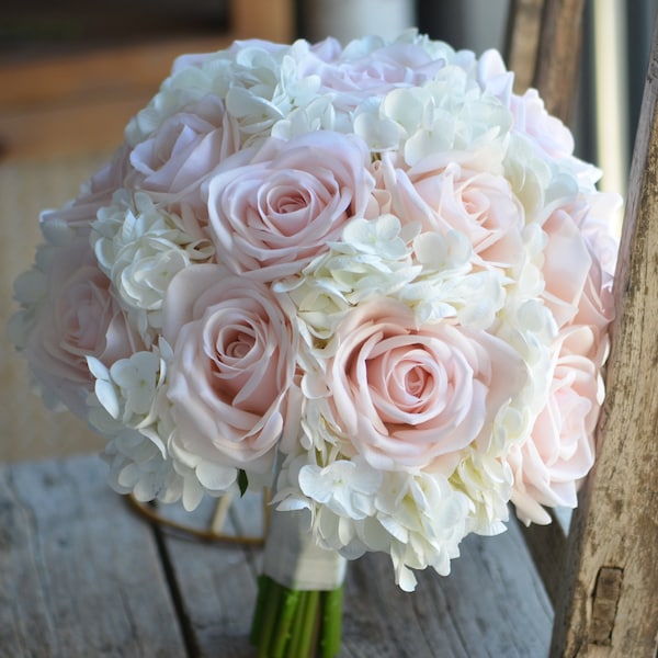 Faux Pale Pink And Ivory White Bridal Bouquet, Real Touch Roses, Hydrangeas, Rustic Wedding Bouquets, Bridesmaids Bouquet, Boutonnieres