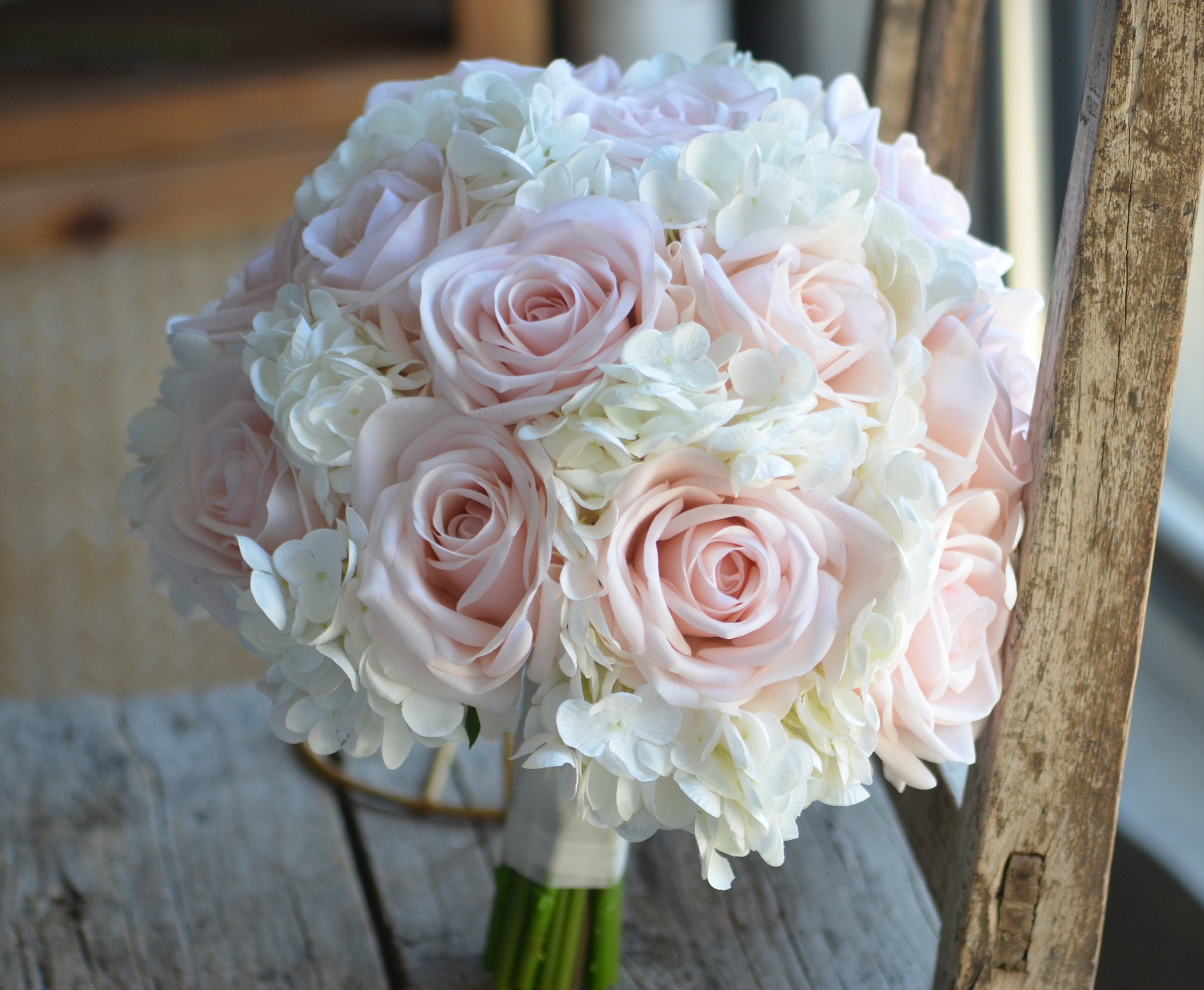 Romantic Pink & Cream white Rose Bouquet Accessory with \'Call Me\' Heart Pin Artificial Rose Pink White Roses Wedding Bouquet, Real Touch  main image 4