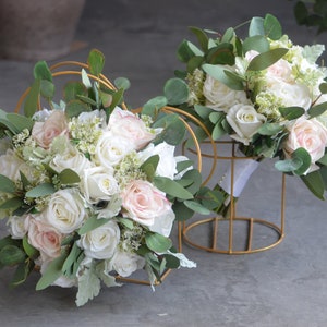 Ivory Roses, Blush Pink Roses, Rustic Bridal Bouquet, Real Touch Faux Roses, Eucalyptus Wedding Bouquets