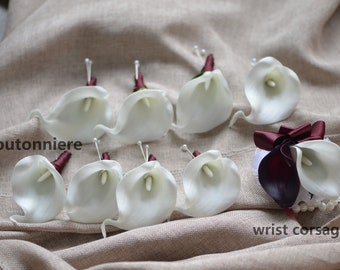 White Calla Boutonnieres,  Burgundy Ivory Corsages, Calla Lily Groom Groomsman Boutonnieres, Real Touch Calla Lilies