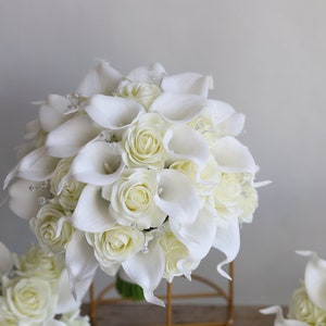 Faux Ivory/Cream Real Touch Roses Bridal Bouquet, Calla Lilies, Crystals Wedding Bouquets, White Bridesmaids Bouquet, Boutonniere, Corsages