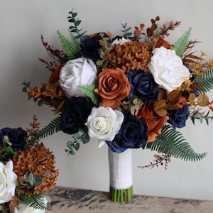 Navy Burnt Orange Fall Bridal Bouquet,  Classic Boho Fall Wedding Bouquets, Artificial Faux Real Touch Rose, Peony, Terracotta Greenery
