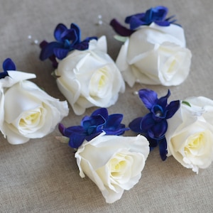 Ivory Rose Boutonniere, Blue Purple Orchid & White Rose Boutonniere, Royal Blue White Wedding Boutonniere one boutonniere