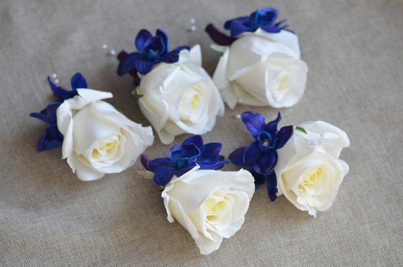 Ivory Rose Boutonniere, Blue Purple Orchid & White Rose Boutonniere, Royal Blue White Wedding Boutonniere one boutonniere