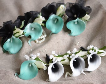 Artificial Flowers Black Turquoise Boutonnieres, Black Wrist Corsages, Real Touch Calla Lilies, Ivory Rose, Baby's Breath