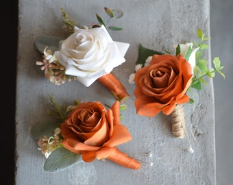 Real Touch Rust Ivory Rose Boutonniere, Rust Orange Wedding Boutonniere & Wedding Corsage, Fall Color Homecoming Prom Corsage