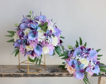 Real Touch Bouquet da sposa selvaggio blu lavanda in rose Calla Lily, orchidea, bouquet di fiori di campo Boho, fiore all'occhiello blu viola, corpetti da polso