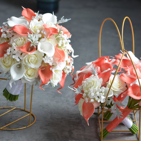 Coral White Wedding Bouquet, Rustic Bridal Bouquet, Faux Real Touch Flowers, Coral Calla Lilies, Ivory Roses, Baby's Breath