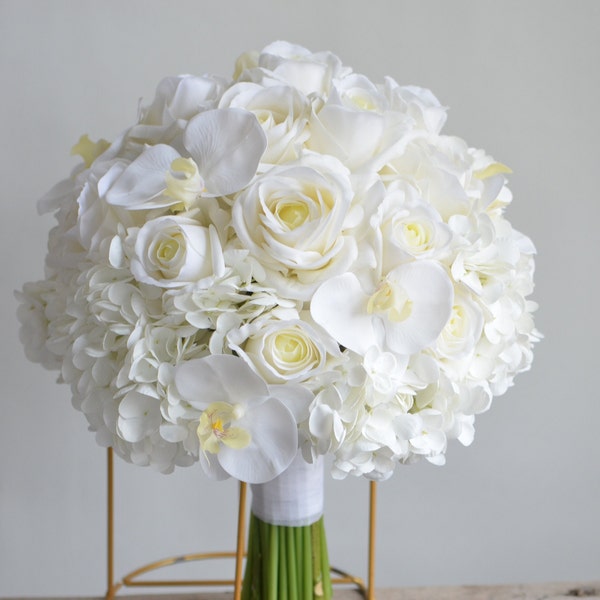 12" Faux Ivory Real Touch Roses White Orchids Hydrangeas Bridal Bouquet, Cream White Wedding Bouquets, Fake Flowers Boutonniere Corsage
