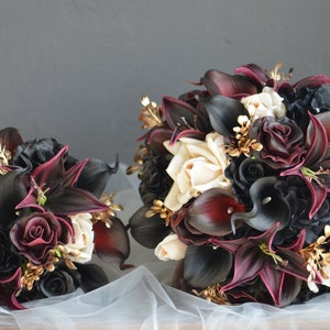 Burgundy Black Gold Beige Bridal Bouquet, Faux Real Touch Flowers, Fall wedding Halloween Wedding, Deep Purple Black Wedding Bouquet image 2