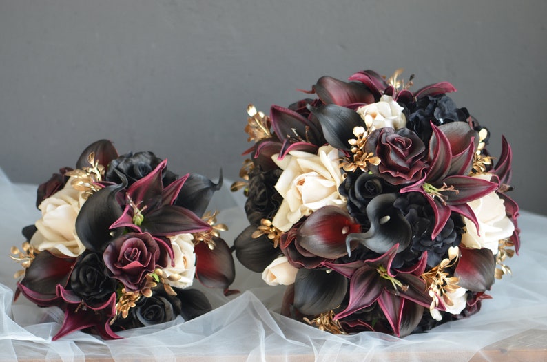 Burgundy Black Gold Beige Bridal Bouquet, Faux Real Touch Flowers, Fall wedding Halloween Wedding, Deep Purple Black Wedding Bouquet image 2