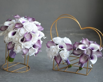 Real Touch Calla Lily Bouquet, White Roses, Light Purple Wedding