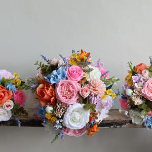 Fake Wildflowers Bridal Bouquet, Lavender/Pink/Blue/Orange, Colorful Spring Summer Wedding Bouquets, Peony, Ranunculus, Rose, Daisy, Lilac