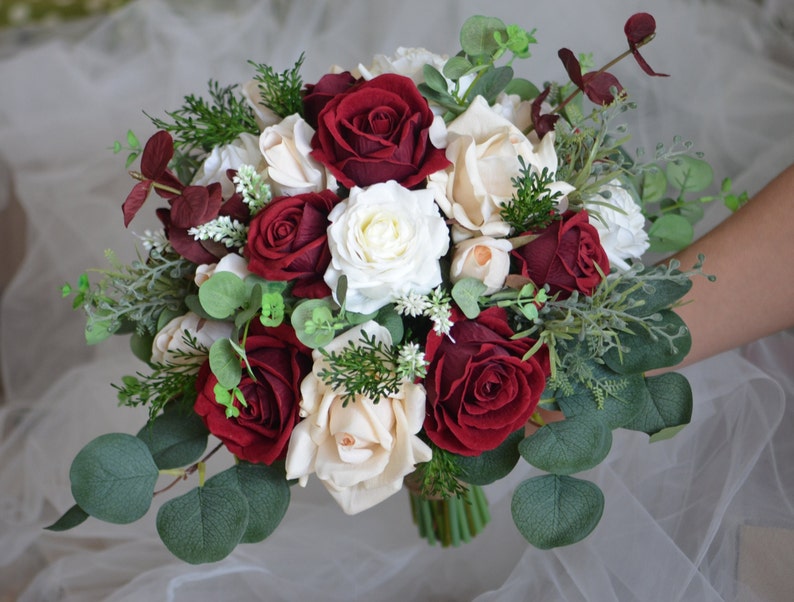 Faux Burgundy Beige And Ivory Wedding Bouquet, Boho Bouquet, Bridal Bridesmaids Bouquet, Rose and Eucalyptus, Real Touch Fake Flowers image 4