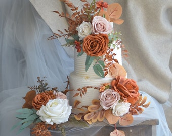 Faux Burnt Orange Ivory Fall Cake Topper Flowers For Wedding, Terracotta cake topper, Wedding cake topper, Rust wedding, Real Touch Roses