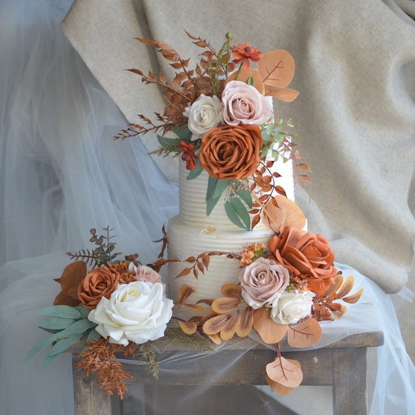 Faux Burnt Orange Ivory Fall Cake Topper Flowers For Wedding, Terracotta cake topper, Wedding cake topper, Rust wedding, Real Touch Roses