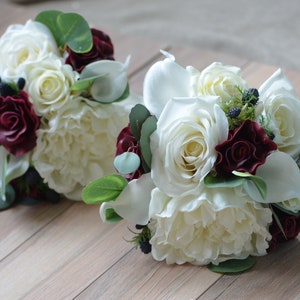 Burgundy Bridesmaids Bouquets, Real Touch Peonies, Calla Lilies, Burgundy Roses,  Eucalyptus, Wedding Bouquets