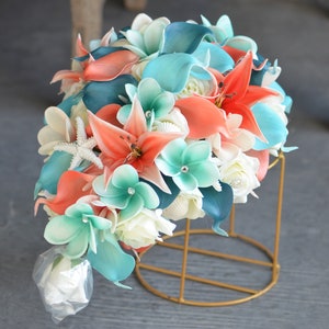 Faux Beach Coral Teal Bride Bouquets, Real Touch Flowers, Shells, Starfishes, Beach Wedding Bouquets, Boutonieres, Calla Lilies, Roses