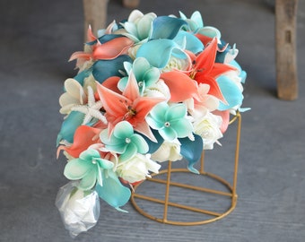 Faux Beach Coral Teal Bride Bouquets, Real Touch Flowers, Shells, Starfishes, Beach Wedding Bouquets, Boutonieres, Calla Lilies, Roses