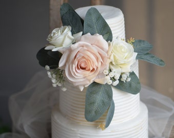 Faux Flowers Cake Topper Flowers, Real Touch Roses, Cake Decorations, Cake Flowers, In Blush and Ivory, Eucalyptus