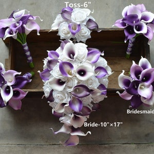 Faux Purple Bridal Bouquets, Bridesmaids Bouquets, Plum Bouquet, Real Touch Calla Lilies, White Roses, Royal Purple Lilac Bouquets