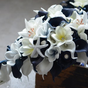 Navy White Beach Wedding Bouquet, Starfish, Calla Lily, Roses, Plumerias Bridal Bouquet, Blue Beach Wedding