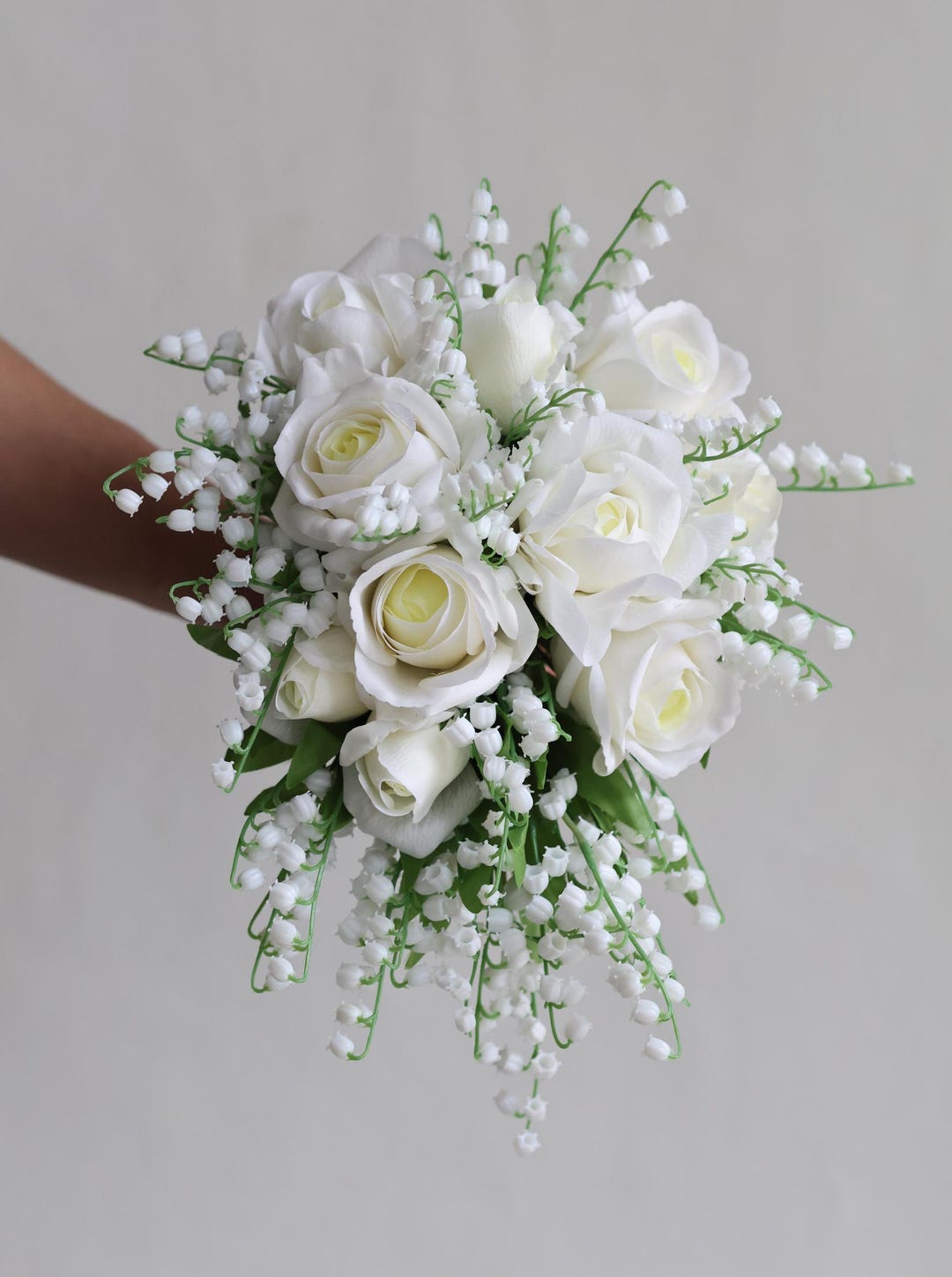 Real Touch Ivory Rose Wedding Bouquet: Lily of the Valley Cascade - Etsy
