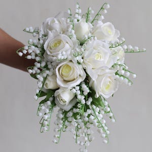 Fake Ivory Real Touch Roses and White Lily Of Valley Wedding Bouquets, Boho Spring Cream White Artificial Flowers Bouquets, Boutonnieres