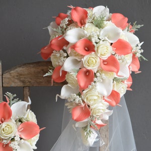 Coral White Wedding Bouquet, Faux Artificial Flowers Bridal/Brdiesmaids Bouquets, Boho Decoraton Florals, Boutonniere/Corsage